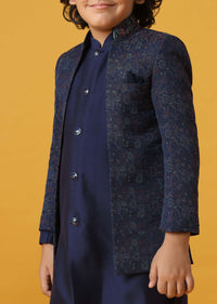 Navy Blue Silk Sherwani Set For Boys