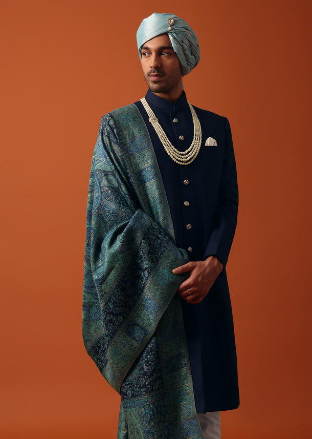 Navy Blue Silk Sherwani Set Featuring Pure Silk Pashmina Dupatta