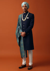 Navy Blue Silk Sherwani Set Featuring Pure Silk Pashmina Dupatta
