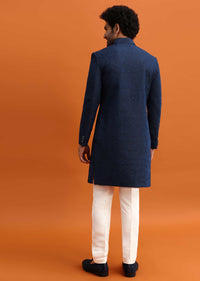 Navy Blue Silk Sherwani With Resham Work For Men