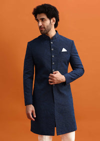 Navy Blue Silk Sherwani With Resham Work For Men