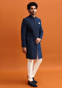 Navy Blue Silk Sherwani With Resham Work For Men