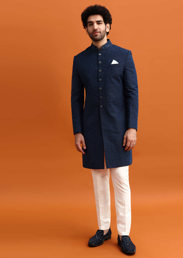 Navy Blue Silk Sherwani With Resham Work For Men