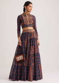 Navy Blue Silk Skirt Set With Orange Indie Prints