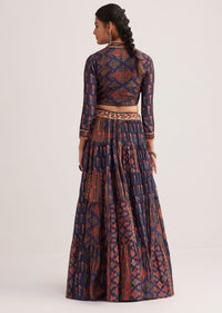 Navy Blue Silk Skirt Set With Orange Indie Prints