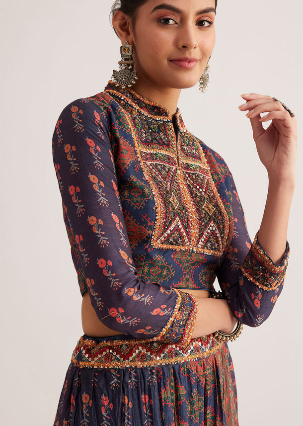 Navy Blue Silk Skirt Set With Orange Indie Prints
