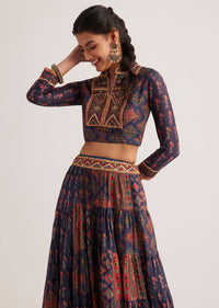 Navy Blue Silk Skirt Set With Orange Indie Prints