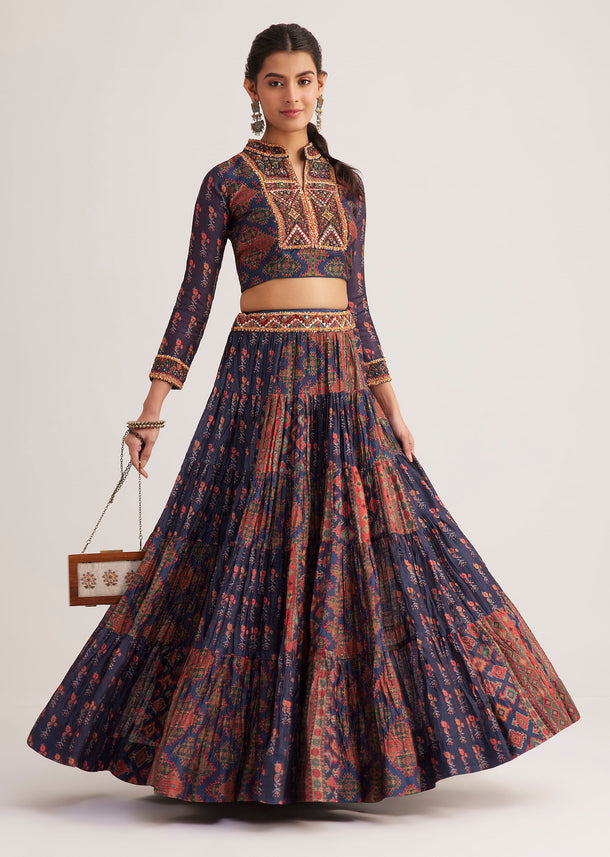 Navy Blue Silk Skirt Set With Orange Indie Prints
