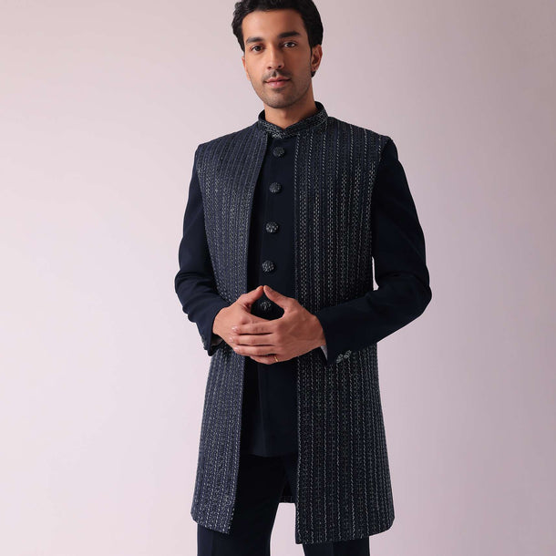 Navy Blue Suiting Fabricted Indowestern With Intricate Cut Work
