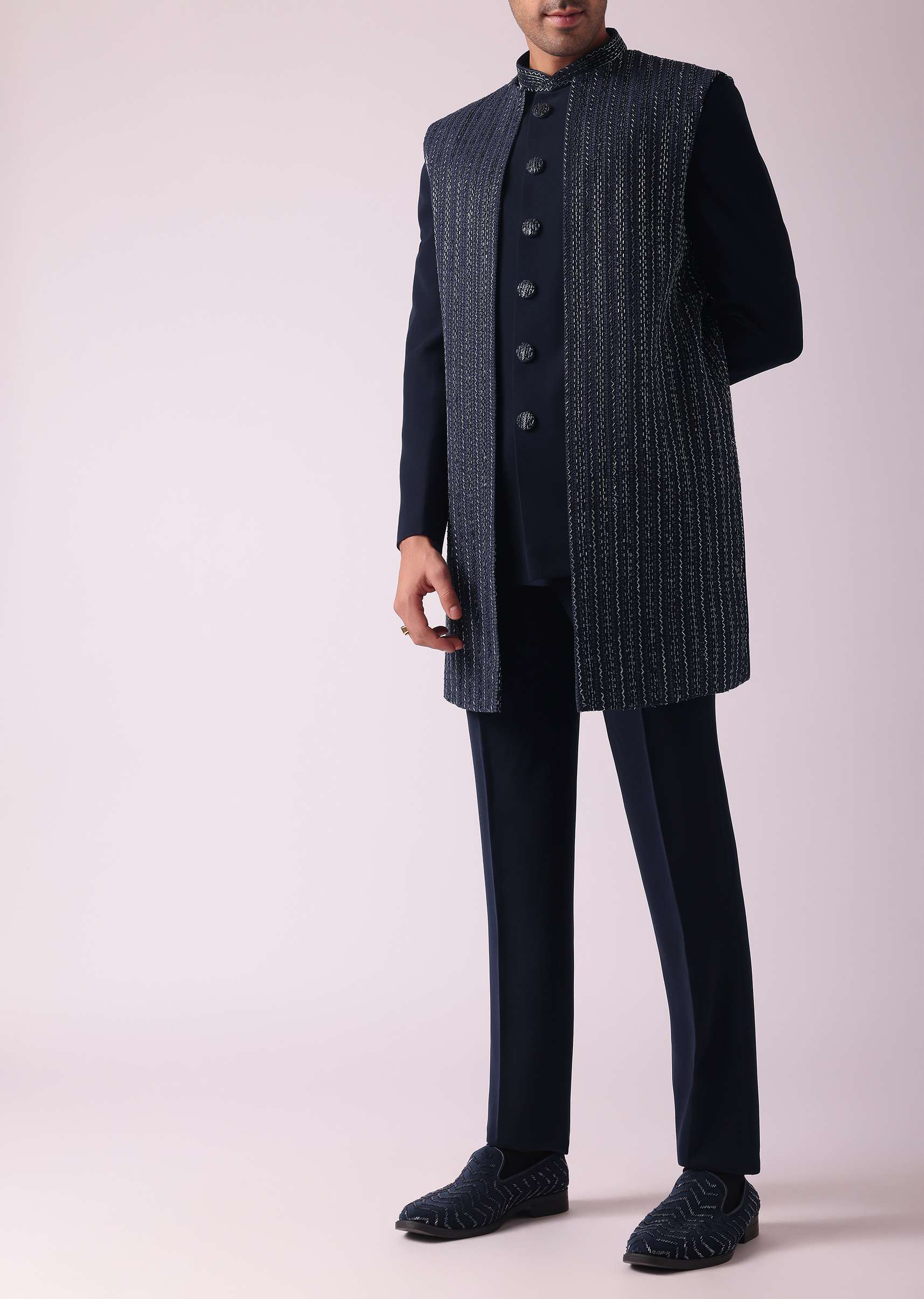 Navy Blue Suiting Fabricted Indowestern With Intricate Cut Work