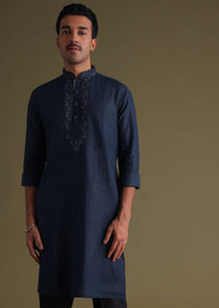 Navy Blue Thread-Embroidered Festive Kurta In Silk