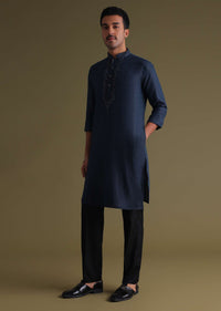 Navy Blue Thread-Embroidered Festive Kurta In Silk