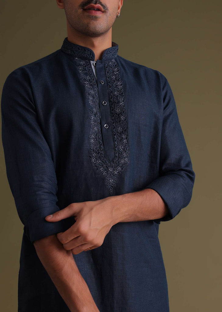 Navy Blue Thread-Embroidered Festive Kurta In Silk