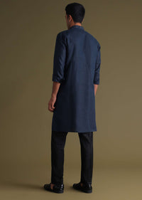 Navy Blue Thread-Embroidered Festive Kurta In Silk