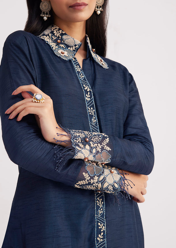 Navy Blue Threadwork Kurta Pant Set
