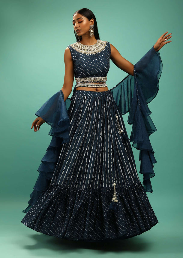 Navy Blue Crop Top And Lehenga Set With Bandhani Print And Moti Work