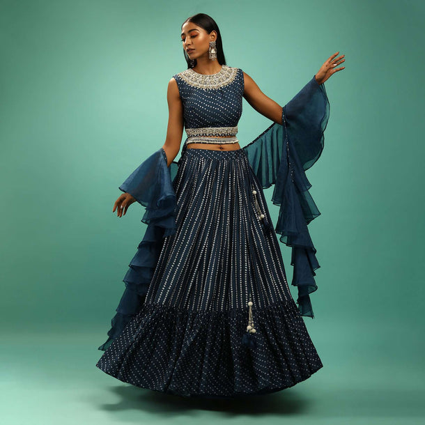 Navy Blue Crop Top And Lehenga Set With Bandhani Print And Moti Work