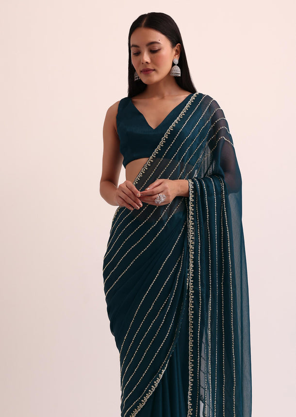 Navy Blue Tissue Saree With Cut Dana Embroidery And Unstitched Blouse