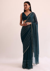 Navy Blue Tissue Saree With Cut Dana Embroidery And Unstitched Blouse