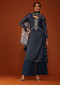 Navy Blue Tussar Kurti And Palazzo Set With Zari Work