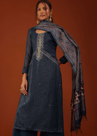 Navy Blue Tussar Kurti And Palazzo Set With Zari Work