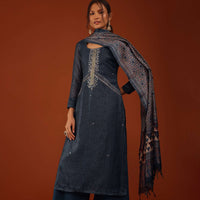 Navy Blue Tussar Kurti And Palazzo Set With Zari Work