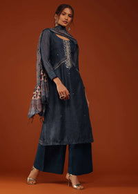 Navy Blue Tussar Kurti And Palazzo Set With Zari Work