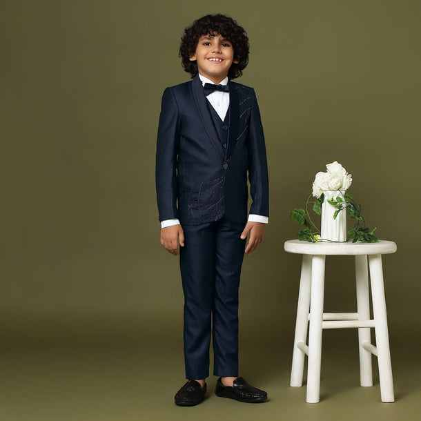 Navy Blue Tuxedo In Suiting Fabric With Embroidery