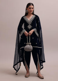 Navy Blue Velvet Dhoti Set With Flared-Sleeves Kurta And Embroidered Dupatta