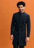 Navy Blue Velvet Indowestern Set With Hand Work For Men
