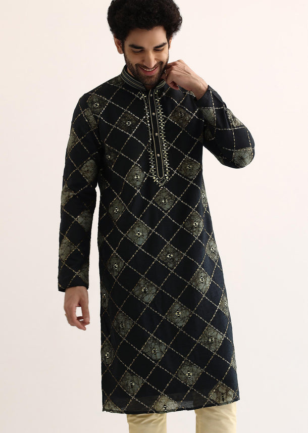 Navy Blue With Green Silk Mirror Embroidered Kurta Set For Men