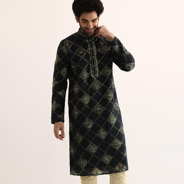 Navy Blue With Green Silk Mirror Embroidered Kurta Set For Men