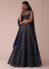 Navy Blue Wrinkle Satin Lehenga With Swarovski Crystals