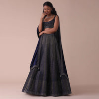 Navy Blue Wrinkle Satin Lehenga With Swarovski Crystals