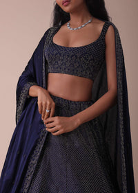 Navy Blue Wrinkle Satin Lehenga With Swarovski Crystals