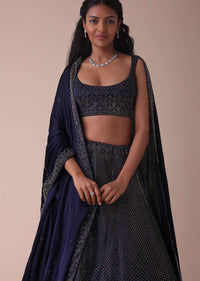 Navy Blue Wrinkle Satin Lehenga With Swarovski Crystals