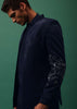 Navy Suede Jodhpuri And Kurta Set With Antique Geometric Embroidery