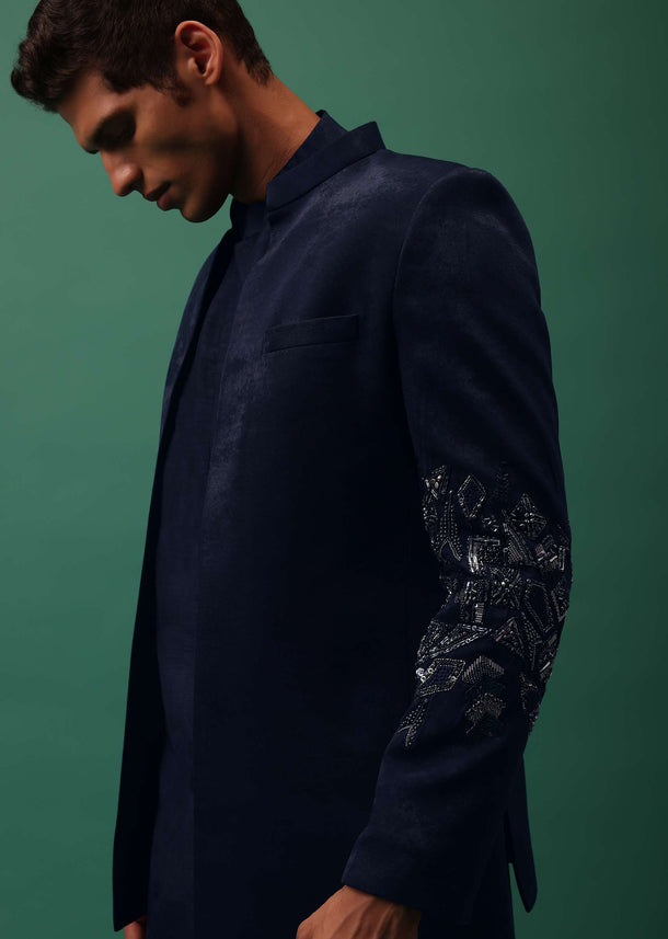 Navy Suede Jodhpuri And Kurta Set With Antique Geometric Embroidery