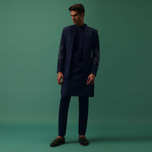 Navy Suede Jodhpuri And Kurta Set With Antique Geometric Embroidery