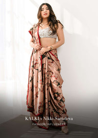 Copper Peach Saree In Satin With Floral Print And Olive Sequins Embellished Crop Top