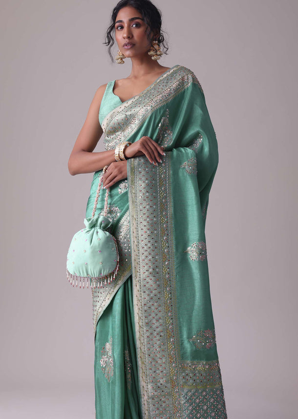 Mint Green Embroidered Saree In Dola Silk
