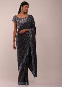 Nine Iron Grey Saree In Thick Stripes Sequins Embroidery With Multi-Color Beads Embellishment On The Pallu Border