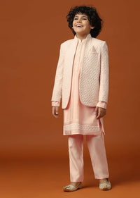 Kalki Peach Pink Sherwani Set In Silk With Threadwork For Boys
