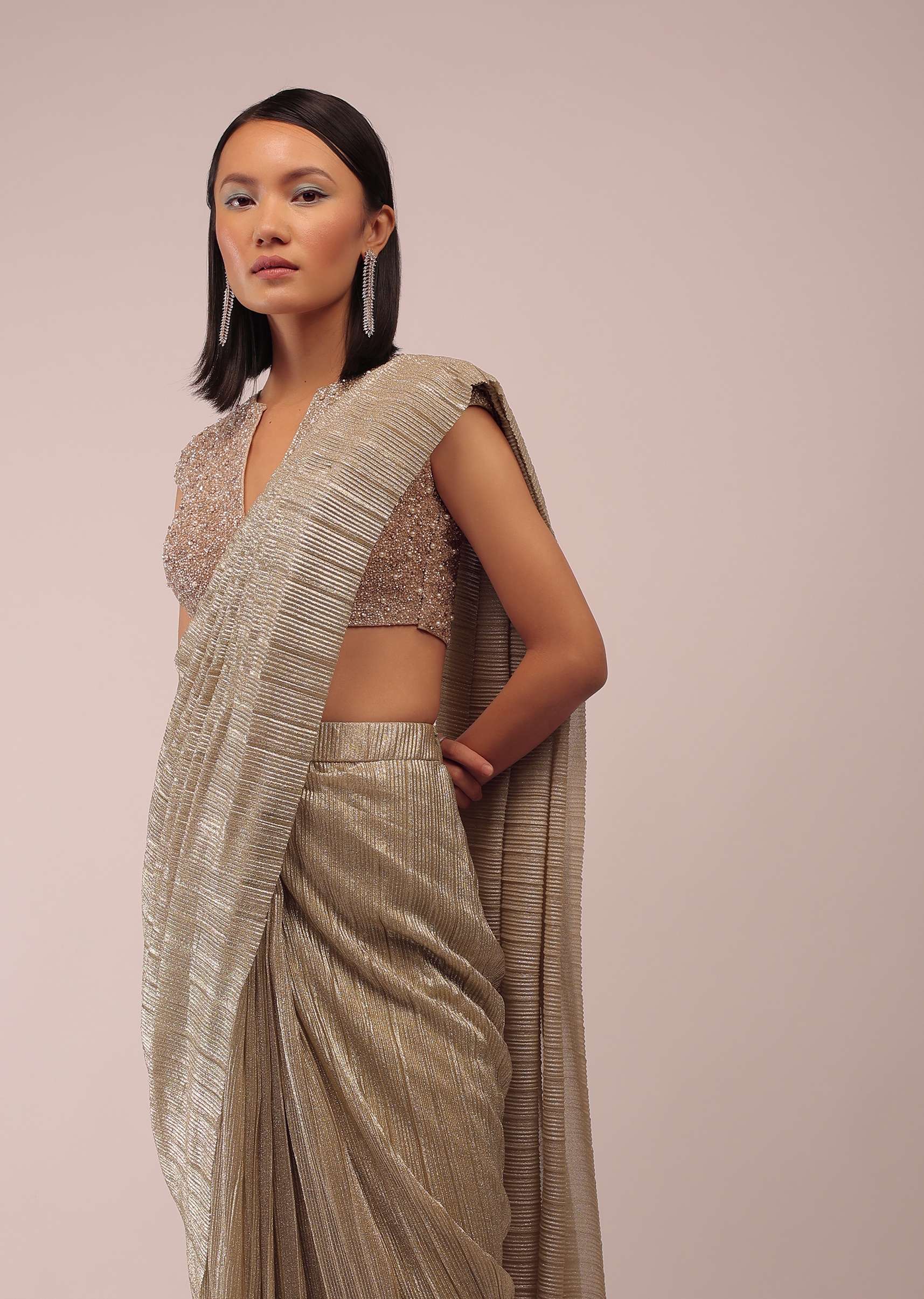 Nomad Shimmer Crush Ready Pleated Saree With A Shimmer Crop Top In 3D Flower, Moti And Cut Dana Embroidery