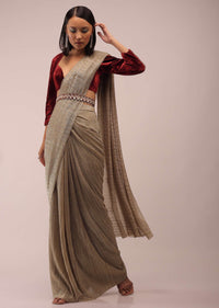 Nomad Shimmer Crush Ready Pleated Saree With A Velvet Crop Top In Cut Dana Embroidery, Crop Top Comes In 3/4Th Sleeves In A Plunging Neckline