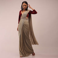 Nomad Shimmer Crush Ready Pleated Saree With A Velvet Crop Top In Cut Dana Embroidery, Crop Top Comes In 3/4Th Sleeves In A Plunging Neckline
