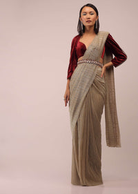 Nomad Shimmer Crush Ready Pleated Saree With A Velvet Crop Top In Cut Dana Embroidery, Crop Top Comes In 3/4Th Sleeves In A Plunging Neckline