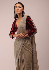 Nomad Shimmer Crush Ready Pleated Saree With A Velvet Crop Top In Cut Dana Embroidery, Crop Top Comes In 3/4Th Sleeves In A Plunging Neckline