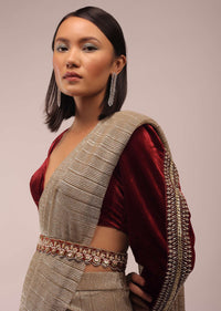 Nomad Shimmer Crush Ready Pleated Saree With A Velvet Crop Top In Cut Dana Embroidery, Crop Top Comes In 3/4Th Sleeves In A Plunging Neckline