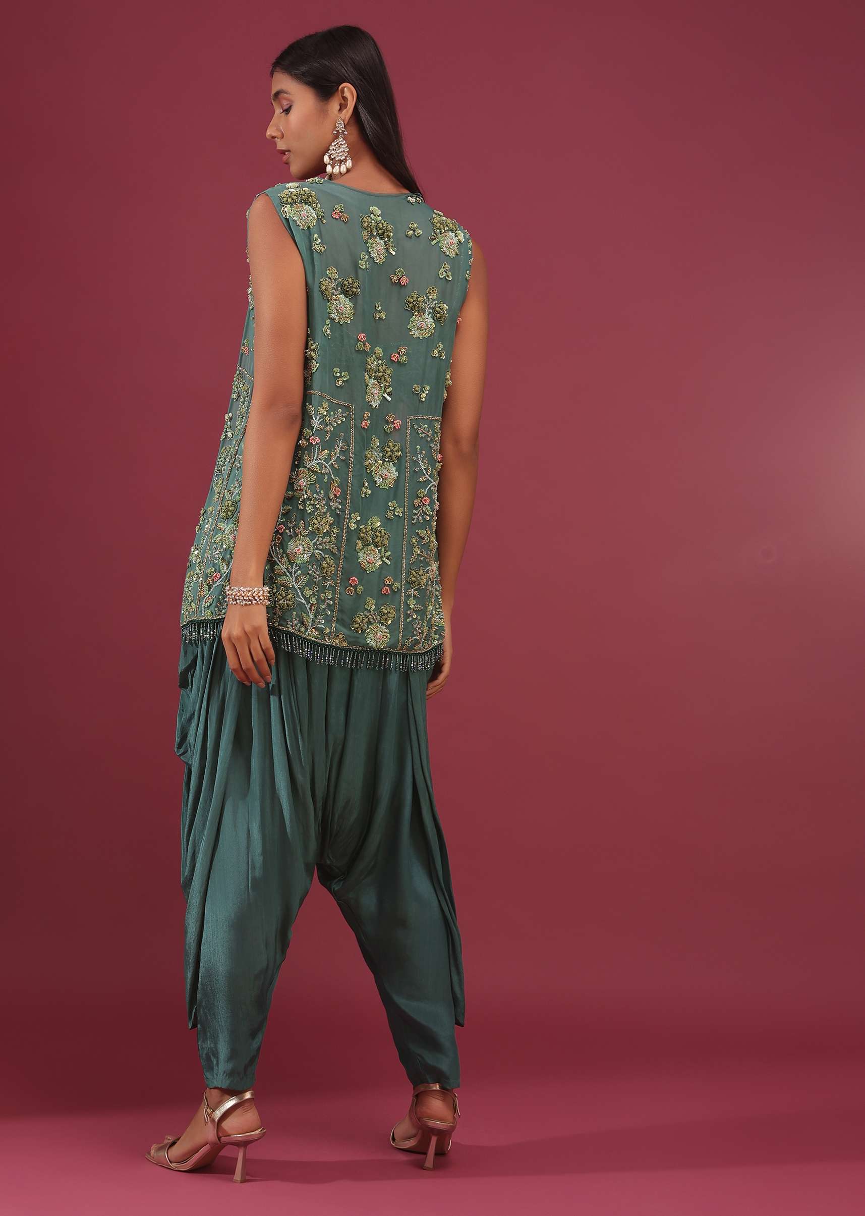 Deep Green Dhoti Bustier Set With 3D Floral Embroidered Shrug - NOOR 2022